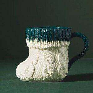 ANTHROPOLOGIE Holiday Christmas White Green Stocking Cocoa Mug NEW WITH TAG‎